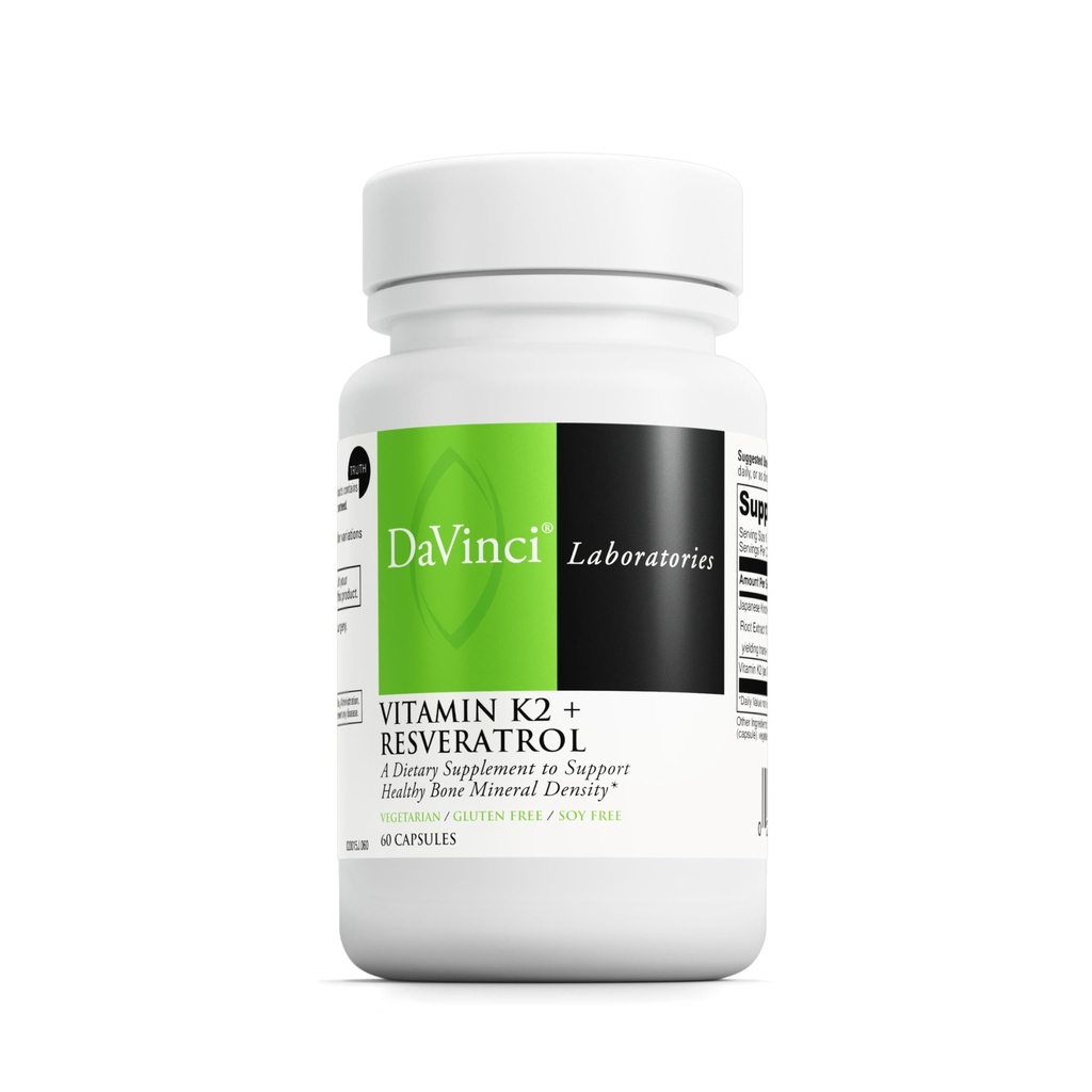 Laboratorios Davinci Vitamina K2 " Resveratrol - Salud ósea " Suplemento cardiovascular con soporte antioxidante* - Vegetariano, libre de gluten " Soy-libre de 60 cápsulas