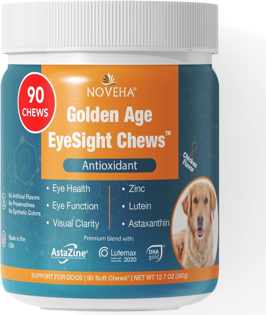 NOVEHA Eye Supplement for Dogs (90 Chews)- Vision Support with Lutein + Vitamin C & Astaxanthin Antioxidantes - Vitaminas para perros para ojos + aceite de pescado para Omega 3 EPA - Hecho en EE.UU.