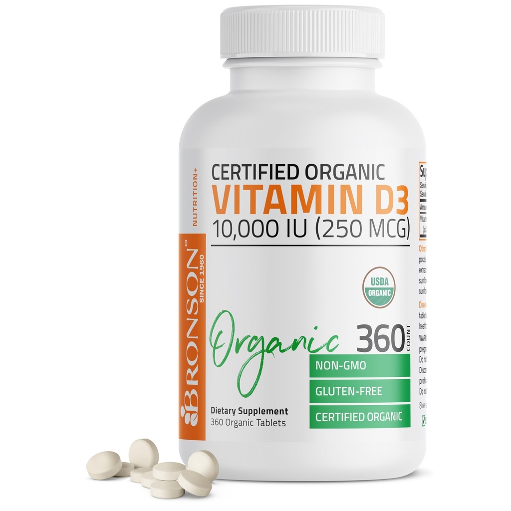 Bronson Vitamina D3 10,000 UI (250 mcg) Certified Organic High Potency Non-GMO Vitamina D Suplemento, 360 Tablets