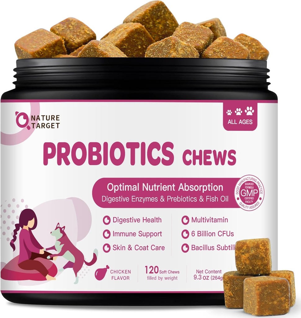 NATURE TARGET Probióticos para perros y enzimas digestivas para la salud digestiva - Más aceite de pescado & vitaminas suplemento para alergias & picazón de la piel, 120 pollo sabor sabor Probiótico de las cerdas blandas