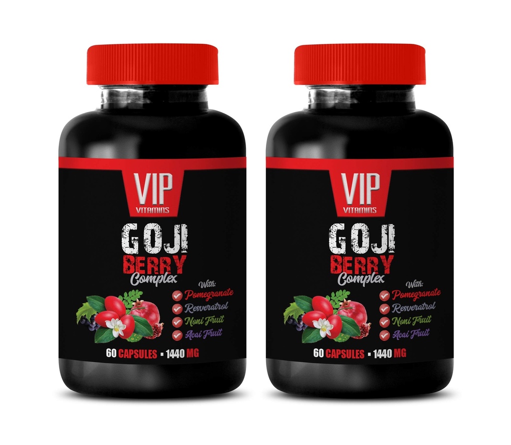 suplemento antioxidante - GOJI BERRY COMPLEX - CON POMEGRANATE, RESVERATROL, NONI, ACAI - Vitamina granada e para la piel - suplementos nutricionales antioxidantes - vitaminas antioxidantes - 2 Bot 120 Caps