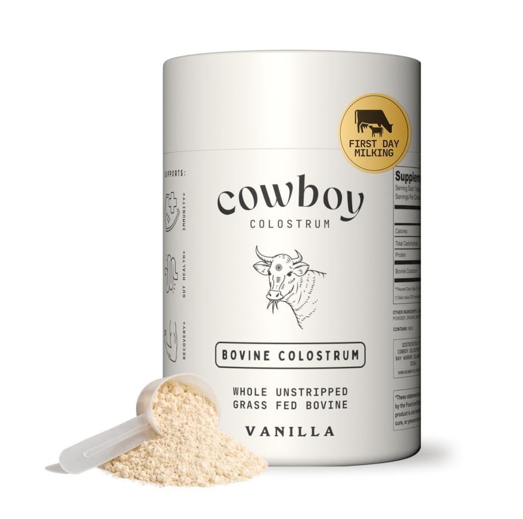 Cowboy Colostrum Powder - Bovine Colostrum Powder for Women &amp; Hombre - Primer Día Milking Colostrum entero - Grass Fed Colostrum Suplemento para Gut Health, Immunity, Skin & Hair (Vanilla 40 Servings)