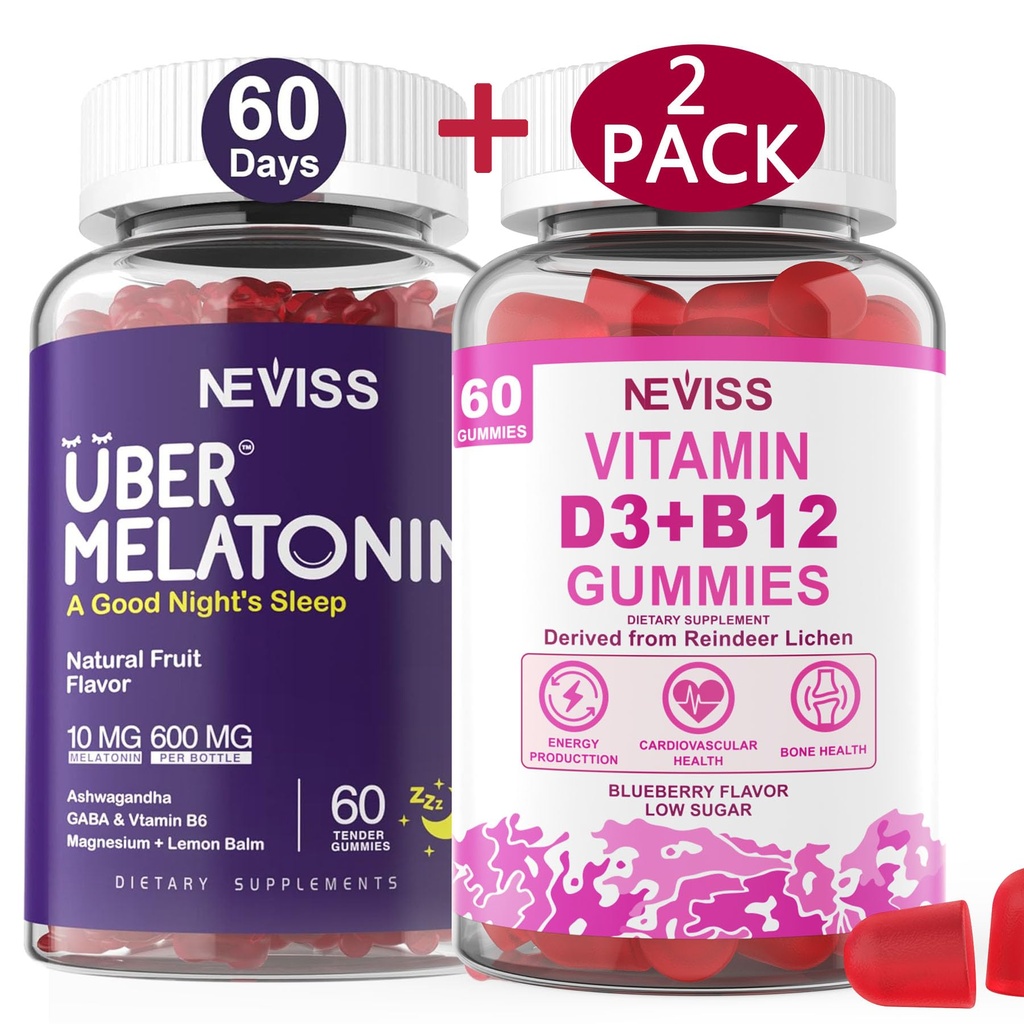 NEVISS Melatonina + Vitamina D3 &amp; B12 Gummies, Vegan, 2+2=4 Pack