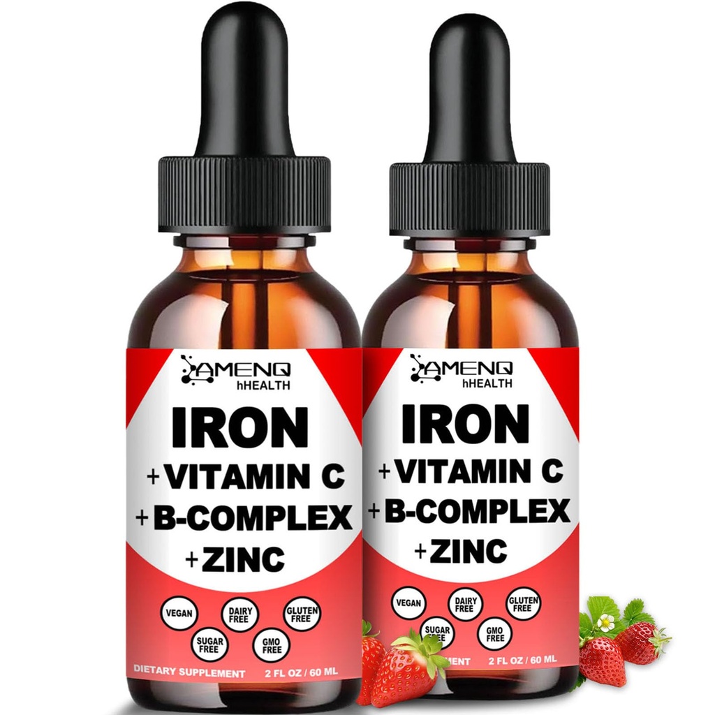 2 Pack Liquid Iron Supplement w/ Vitamina C, A, B-Complex, Vegan Iron Drops High Potency Liquid Vitamin & Iron Supplements for Women, Men &amp; Children -Support Red Blood Cell, Energy, Anemia &amp; Fatigue