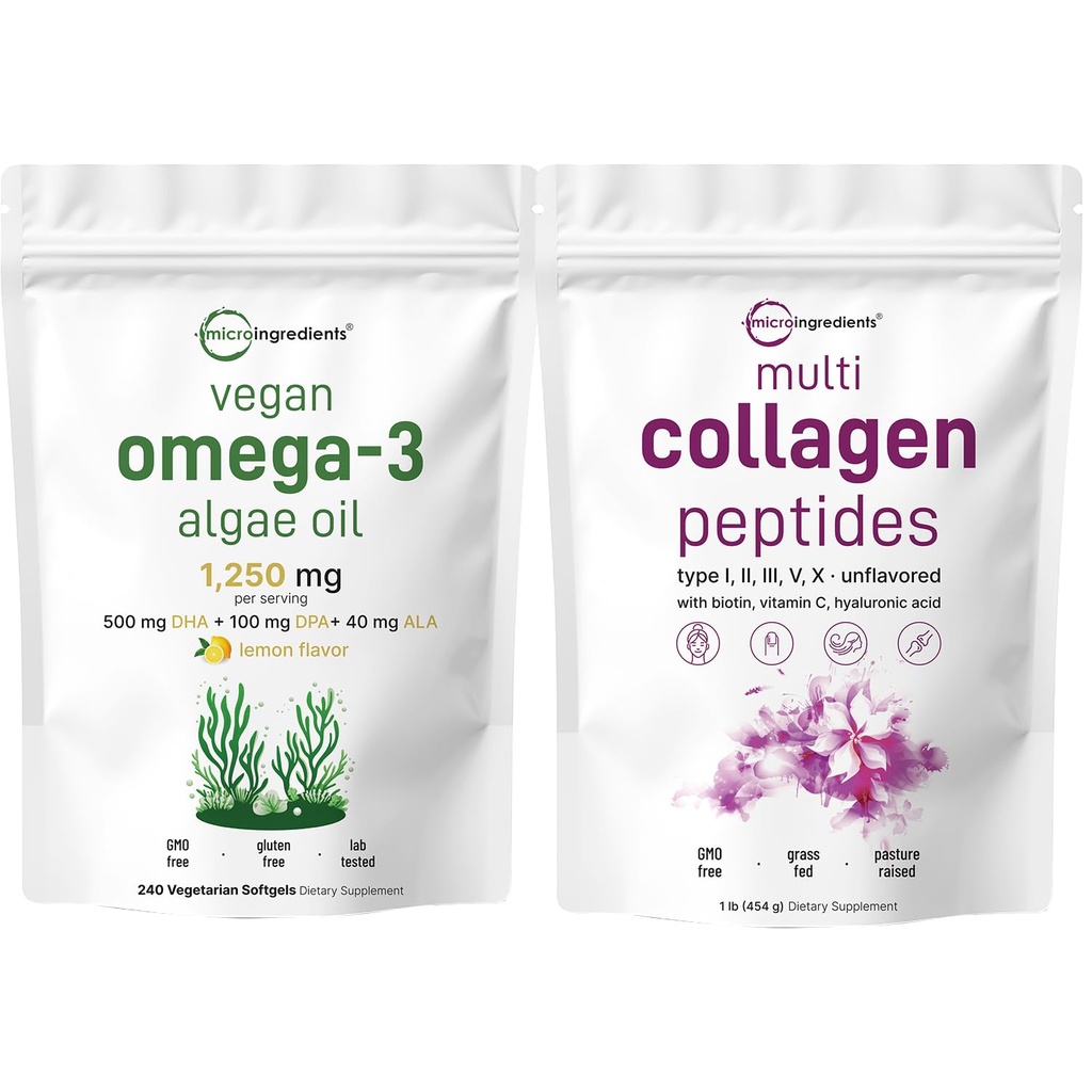 Micro Ingredientes Multi Collagen Protein Powder 16oz & Vegan Omega 3 Algae Oil Supplement Bundle 2 Pack ← Peptides Collagen Grass-Fed Collagen ← Omega-3 Full Spectrum Alternative to Fish Oil