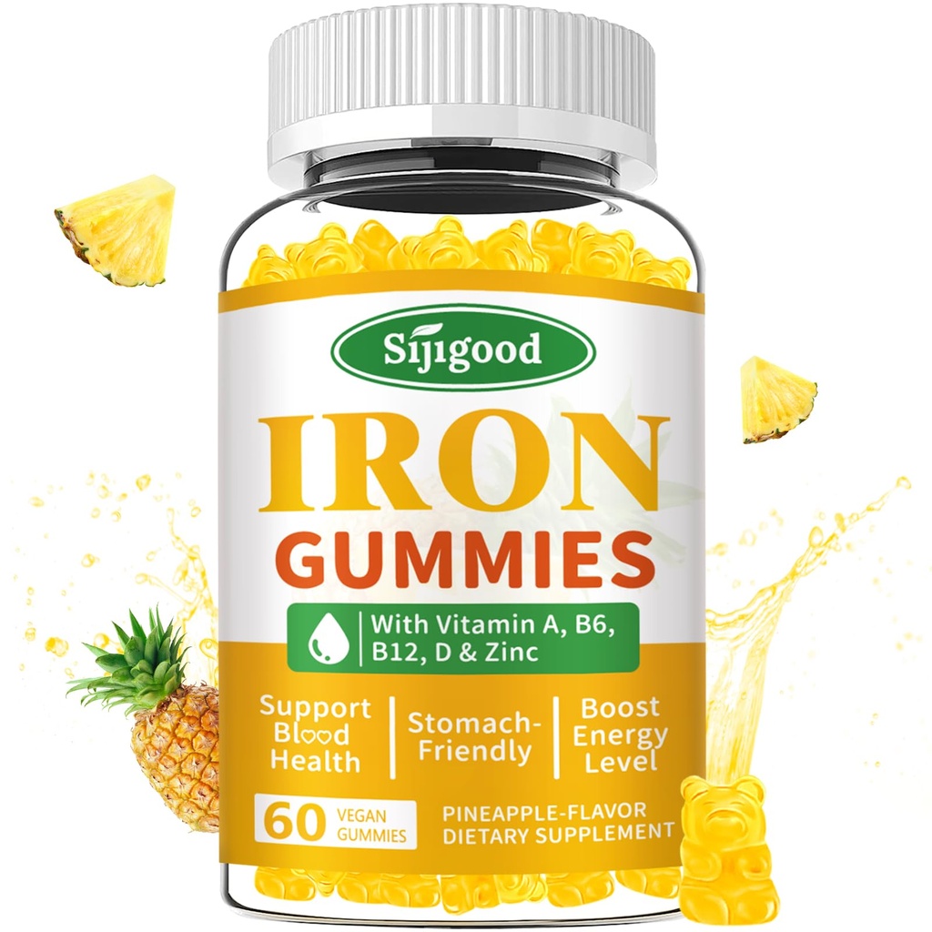 Gummies de hierro para hombres y mujeres - Suplemento de hierro vegano para la anemia " Deficiencia de hierro, con vitamina B12, vitamina C, zinc, folato - energía libre de azúcar, sabor de piña, 60 conteo