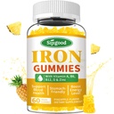 Gummies de hierro para hombres y mujeres - Suplemento de hierro vegano para la anemia " Deficiencia de hierro, con vitamina B12, vitamina C, zinc, folato - energía libre de azúcar, sabor de piña, 60 conteo