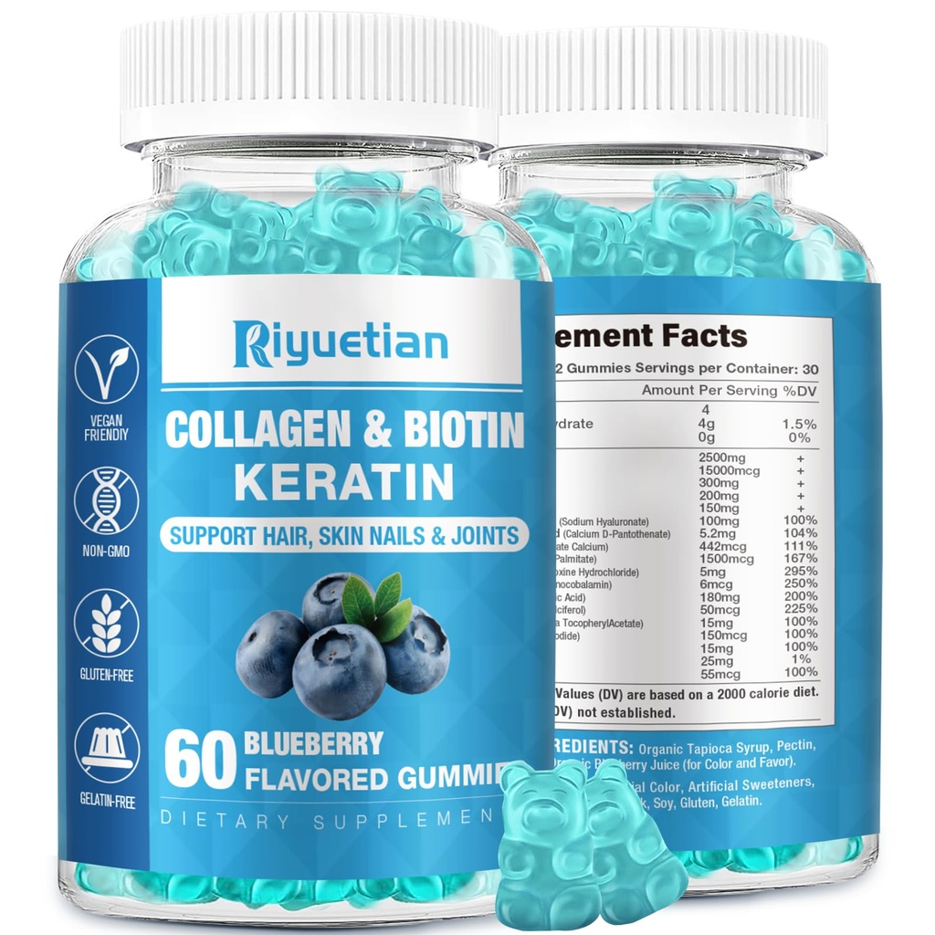 Biotina Gummies 15000mcg con colágeno para adultos Mujeres &amp; Hombres - Pelo, Piel &amp; uñas Gummies con Biotina - Collagen para Mujer - Vegan, No GMO, Vitaminas para el cabello - 60 Conde, 1 Pack