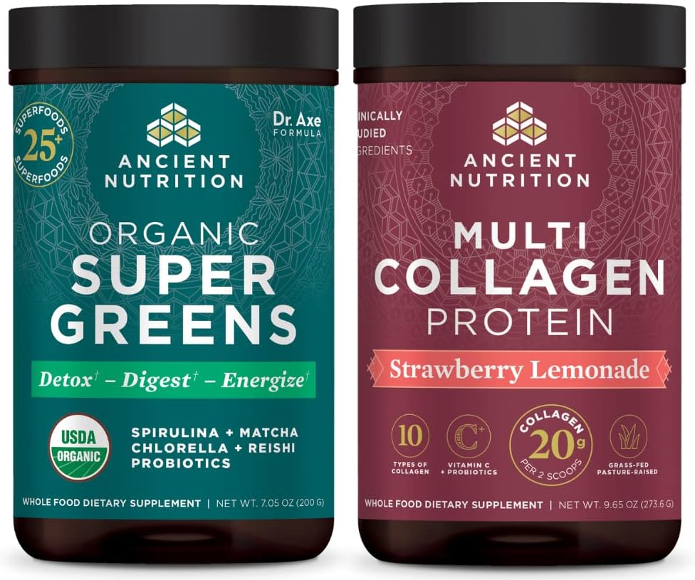 Nutrición antigua Polvo orgánico de Supergreens, Sabor de Verdes, 25 Servimientos + Polvo de Proteína Multi Collagen, Limonada de Fresa, 24 Servimientos