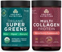 Nutrición antigua Polvo orgánico de Supergreens, Sabor de Verdes, 25 Servimientos + Polvo de Proteína Multi Collagen, Limonada de Fresa, 24 Servimientos
