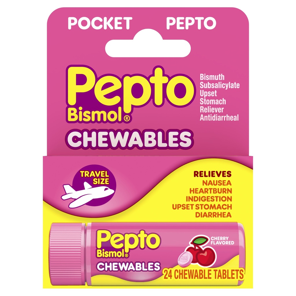 Pepto Bismol Pocket Tablas para Nausea, Heartburn, Indigestion, Upset Stomach y Diarrhea - 5 Symptom Fast Relief, Cherry Flavor 24 ct