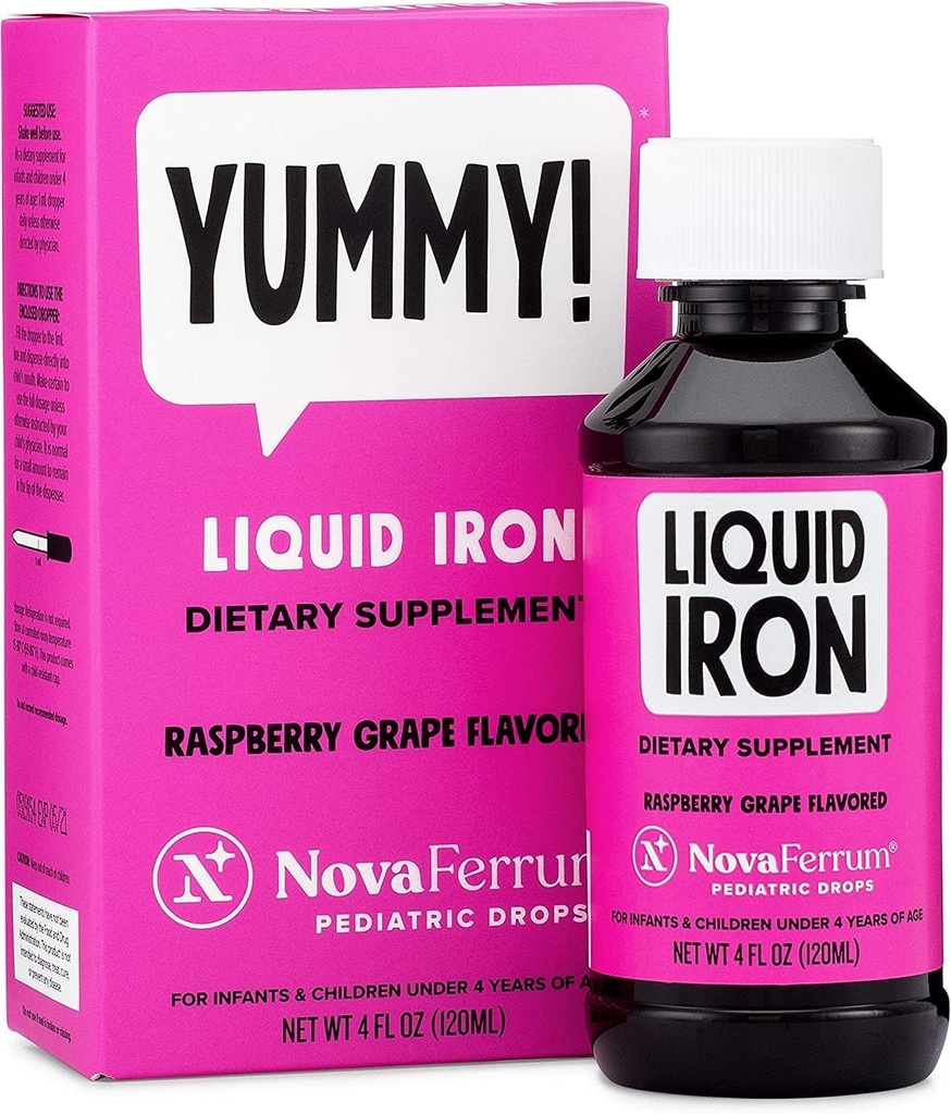 NovaFerrum Yummy ← gotas pediátricas Suplemento de Hierro Líquido para bebés y niños pequeños ← Hierro Líquido para niños Silencioso 15mg de Iron Per 1mL Dose ← Edades 4 > Bajo ← Gluten Free Certified ← Libre de Azúcar