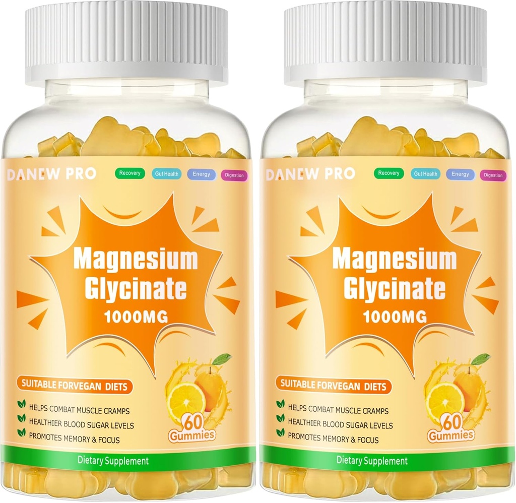Magnesio Glycinate Gummies 1000mg - Suplemento de Potasio de Magnesio Libre de Azúcar con Vitamina D, B6, CoQ10 para calma Mood & Sleep Support - 120 Orange Gummies