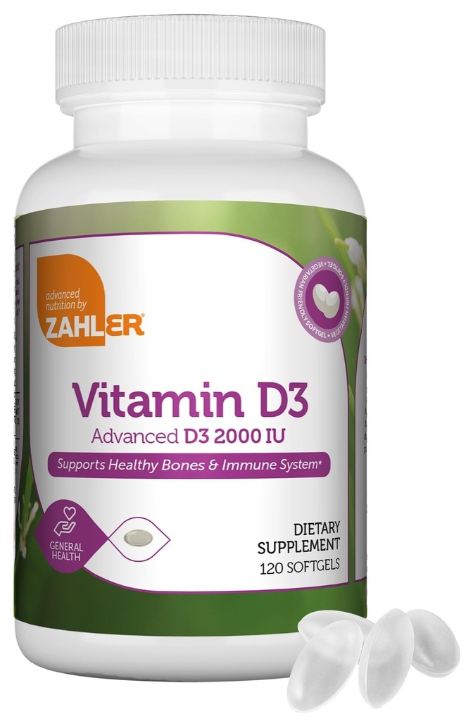 Zahler - Advanced Vitamin D3 2000 IU Softgels (120 Conde) Kosher Vegetarian Friendly Vitamin D for Immune Support, Bone, Teeth &amp; Muscle Health - Daily D3 Vitamin Supplement for Adults - Easy Swallow V