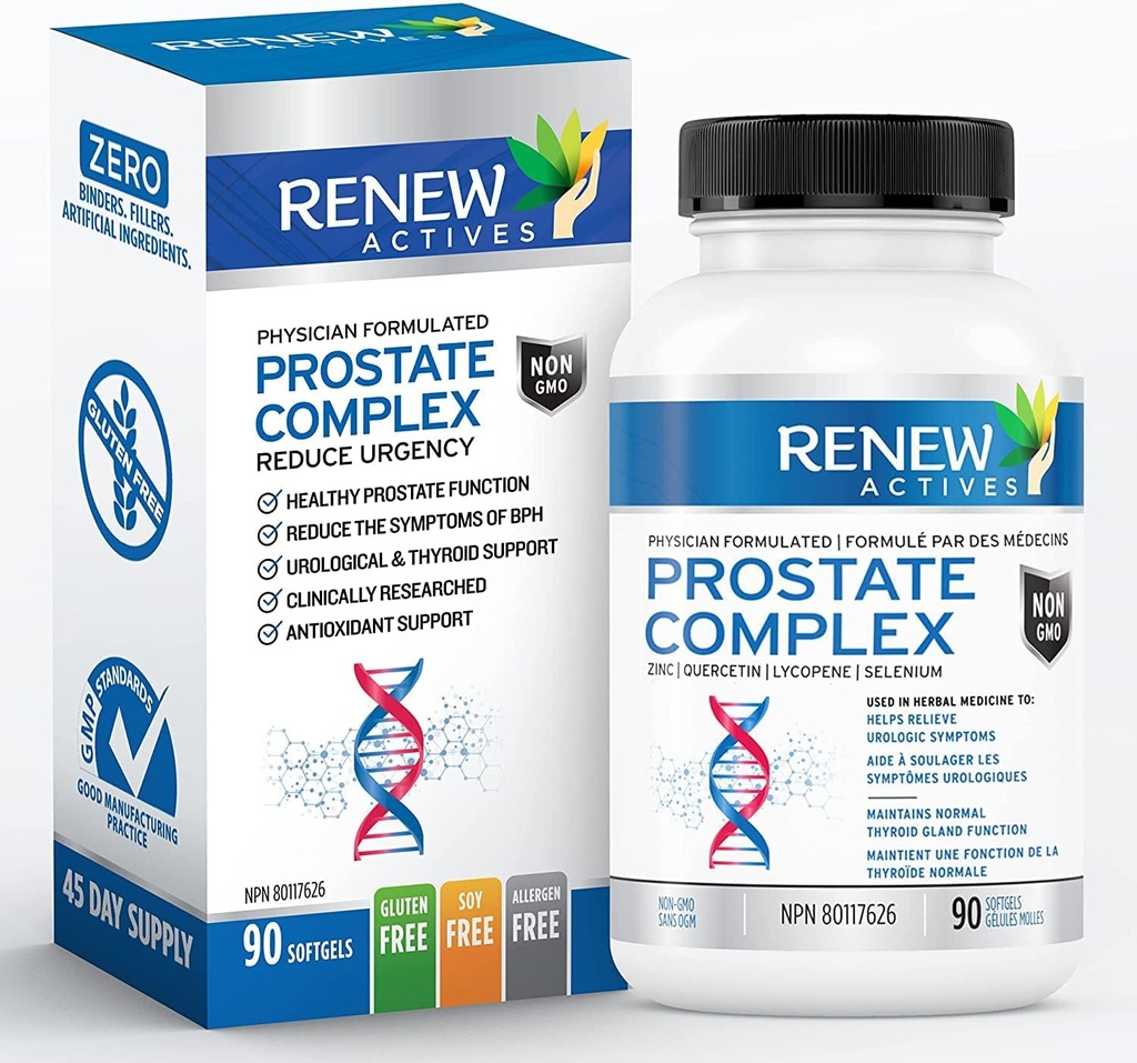 Renew Actives Prostate Complex 2 Softgels per Serving – El bienestar de los hombres para la próstata, la tiroides, la inmune & Eye Health – Antioxidant Support for Vitality & Performance – Made in Canada - 90 Softgels
