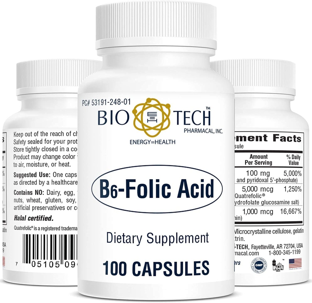Bio-Tech Pharmacal B6-Folic Acid, 100 cápsulas – All-Natural Supplement – Supports Cardiovascular, Bone, " Nervous System Health – No Dairy, Fish, Gluten, Peanut, Shellfish, Halal, " Soy – No