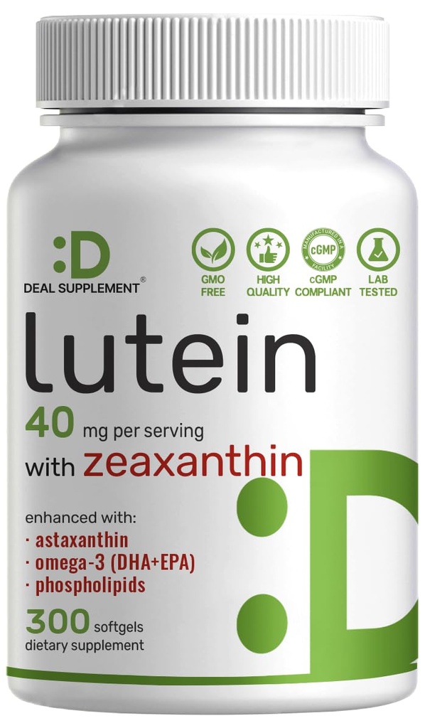 Suplementos Lutein y Zeaxanthin, 40mg Por Serving, 300 Softgels – Plus Astaxanthin, Omega-3, " Phospholipids – Non-GMO