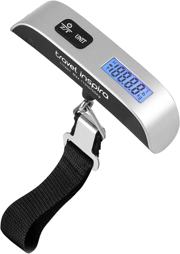 viaje Inspira Luggage Scale, Portable Digital Hanging Scale for Travel, Suitcase Weight Scale with Rubber Paint, 110 libras, Battery Included