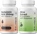 Balancebreens ácido hialurónico puro 250 mg con vitamina C 50 mg + inmunidad Extract-Quercetina de Hoja de Oliva Booster 400mg con Bioperine Black Pepper Extracto, Suplemento Combo