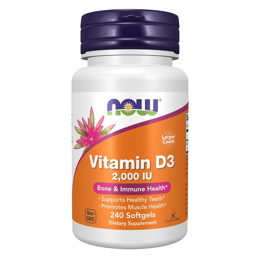 AHORA Suplementos de alimentos, vitamina D-3 2,000 UI, alta potencia, soporte estructural*, 240 Softgels