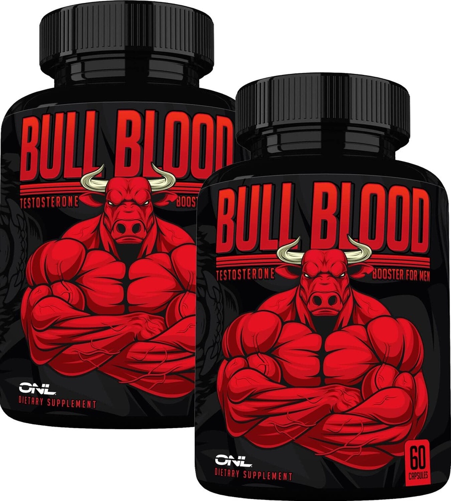 Booster de testosterona de sangre del toro ONL Suplemento de testosterona para resistencia y resistencia - Booster de prueba con Maca Root, Horny Goat Weed & Tongkat Ali - 120 Capsules (2-Pack)