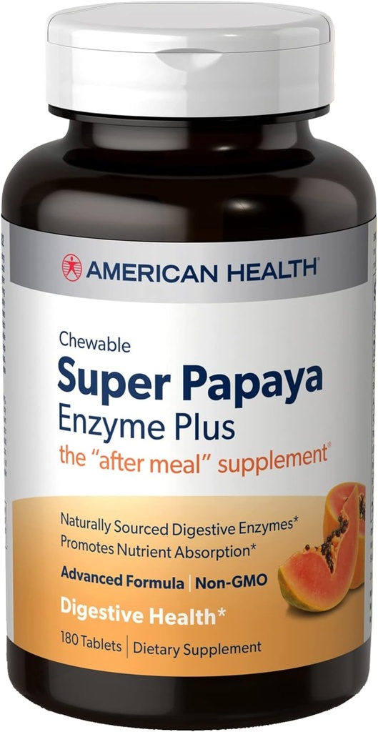 American Health Super Papaya Enzyme Plus - 180 Chewable Tablets - El suplemento después de la comida - No GMO - 60 servicios