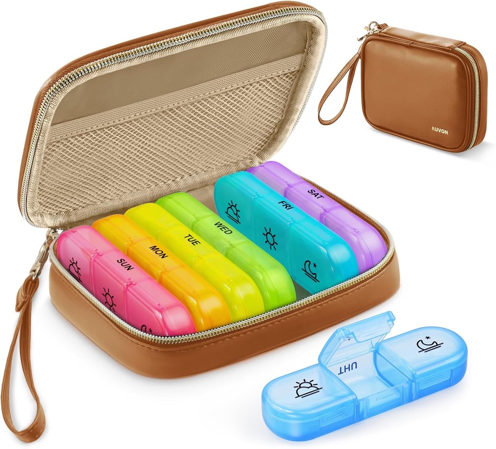 AUVON Organizador semanal de píldoras 3 veces al día, gran caja de píldoras 7 día con bolsa de cuero PU, Protabel caja de píldoras de viaje Recordatorio, Daily Pill Box 3 veces al día para vitaminas, aceites de pescado, suplementos