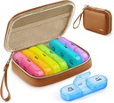 AUVON Organizador semanal de píldoras 3 veces al día, gran caja de píldoras 7 día con bolsa de cuero PU, Protabel caja de píldoras de viaje Recordatorio, Daily Pill Box 3 veces al día para vitaminas, aceites de pescado, suplementos