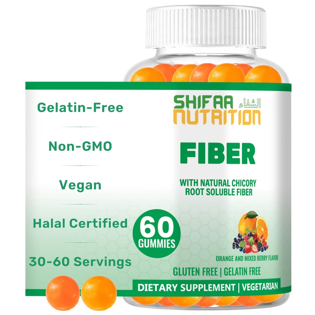 SHIFAA NUTRITION Halal " Gluten Free Fiber Gummies for Kids " Adults TEN 4g, 30-60 Servings TEN 60 Gummies ANTE mejora la salud digestiva, la inmunidad " Gut Health TEN Vegan Prebiotic  Non-GMO, Gelatin-Free