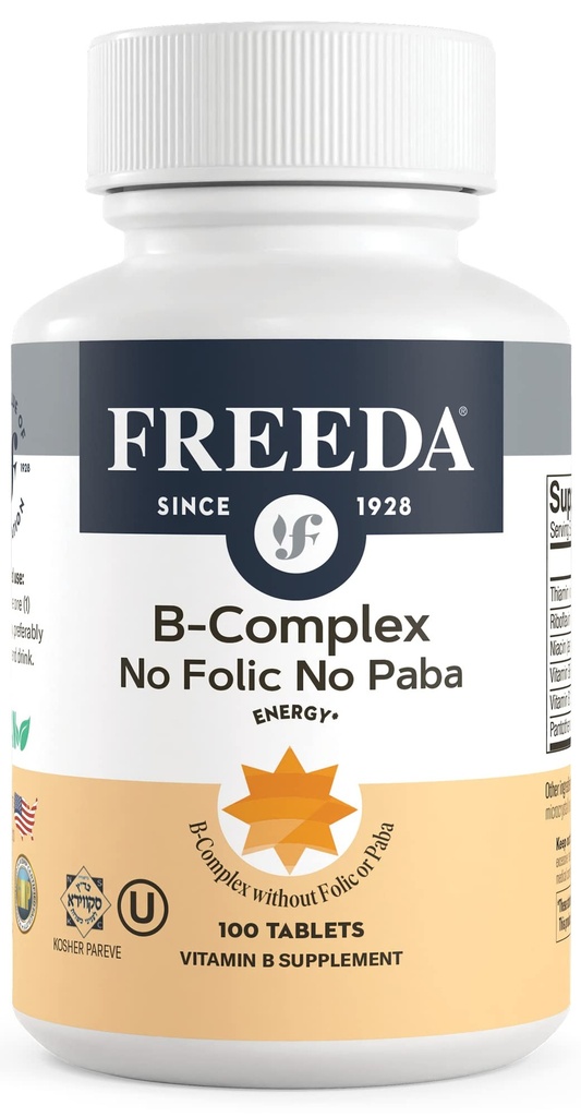 Complejo Freeda Vitamina B No Folic No PABA - Complejo Super B Kosher Vitamina Suplemento con Vitamina B1 Vitamina B2 Vitamina B5 Vitamina B6 Vitamina B12 - Complejo Vit B para Hombres (100 Ct)