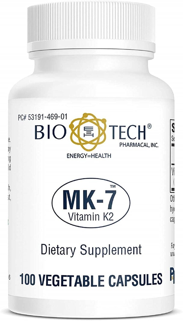 Bio-Tech Pharmacal MK-7 (Vitamin K2), 100 cápsulas vegetales – suplemento natural – apoya la salud cardiovascular y bonificación – sin lácteos, peces, gluten, maní, mariscos, transgénicos, kosher, haal, soja –