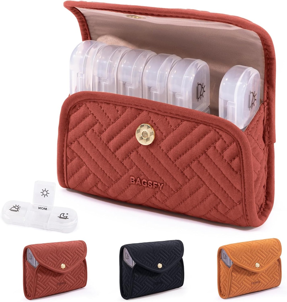 BAGSFY Organizador semanal de píldoras 3 veces al día en un lindo caso de la pila de tela, organizador de la píldora de la medicina, caja de la píldora, caja de la pila de viaje portátil, recipiente para medicamentos, vitaminas, aceites de pescado, suplementos