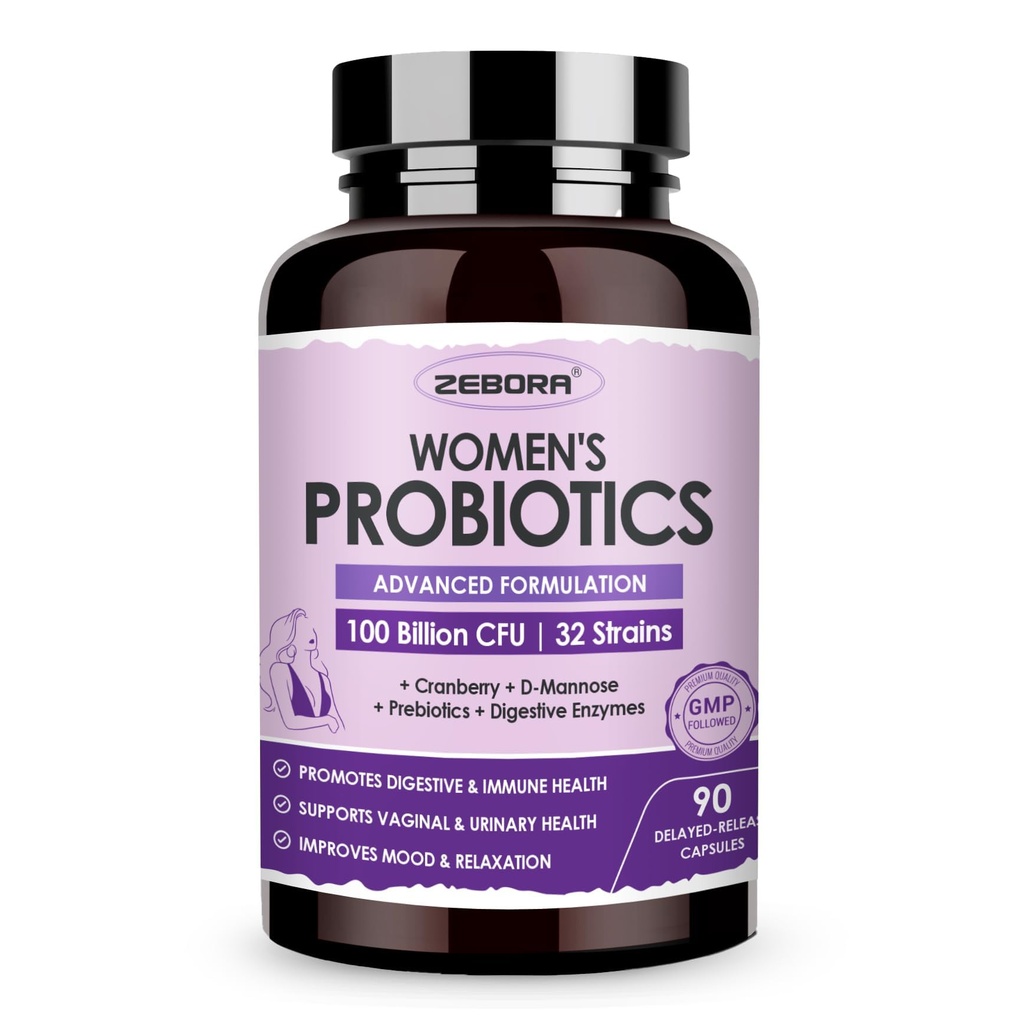 ZEBORA Probióticos para Mujeres Salud Digestiva con Enzimas " Prebióticos 100 Billones CFUs habit Vaginal Probiotics with D Mannose " Cranberry ¦ Urinary Tract Health  Immune Support, 90 cápsulas