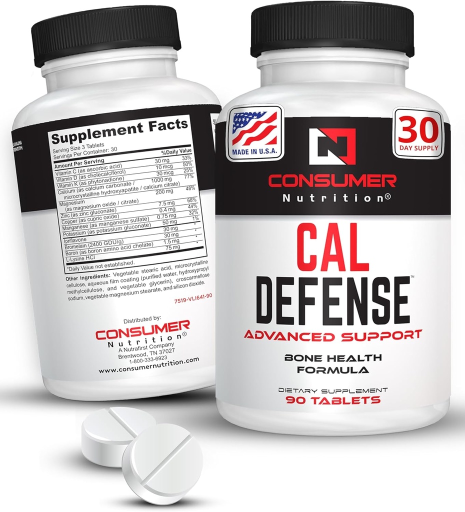 Suplemento de Bone Builder - Cal Defense Bone Strength Calcium Suplementos para Hombres de Mujeres - Con Calcio con Vitamina D, C, K, Magnesium, Bromelain, " Ipriflavone for Stronger Bones 90 Calcium Tablets