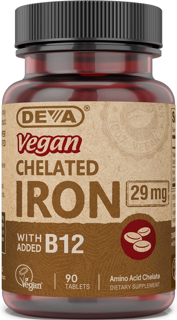 Deva Nutrición Vegan Hierro Chelatado 29 mg Fortificado con B-12 - Alta Potencia, Fácil de Tragar - 90 Tabletas, 1-Pack