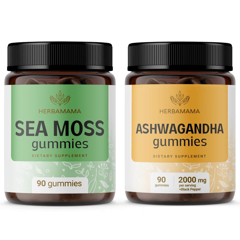 HerBAMAMA Sea Moss y Ashwagandha Kit - Bundle of 1600 mg Sea Moss with Bladderwrack " Ashwagandha Root Gummies - Vegan, Non-GMO, Gelatin-Free - 2 Pack