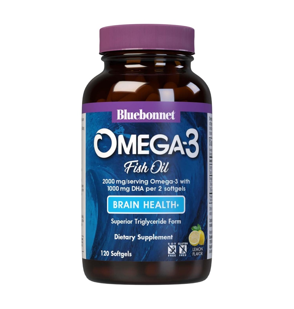 BlueBonnet Nutrition Omega-3 Brain Formula Natural Wild Caught Triglyceride Form DHA 1000 mg EPA 210 mg, Highly Concentrated Cognitive Health & Wellness Support Supplement, Gluten-Free Softgel, Yellow/Clear, Lemon, 120 Conde