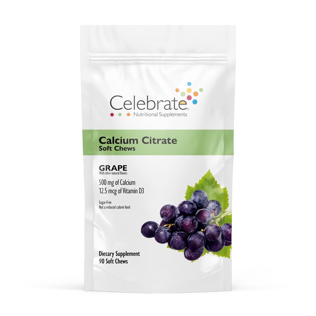 Celebrar vitaminas Bariatric 500mg Calcio Citar cerdas suaves con 500 UI Vitamina D3 – Esencial para el bypaso gástrico Pacientes " Bone Health - Sugar " Gluten Free, Grape (90 Chews)