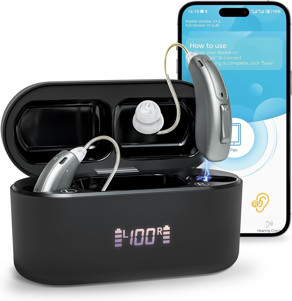 Ayudas de oído (amplificadores no), Ayudas de Audición recargables Bluetooth para adultos mayores, Calidad de sonido superior OTC Ayuda de Audición inteligente con cancelación de ruido, Control de aplicaciones Bluetooth habilitado, 4 modos