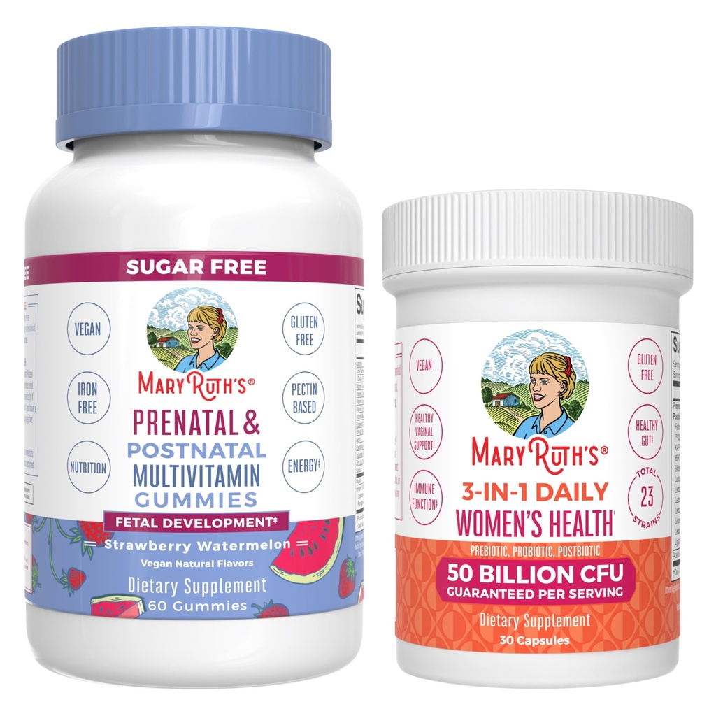 MaryRuth Organics Prenatal Postnatal Multivitamin Gummies (Strawberry) & Women's 3-in-1 Daily Probiotic Capsules | Clean Label Project Verified® | Breastfeeding & Gut Health | Vegan, Non-GMO