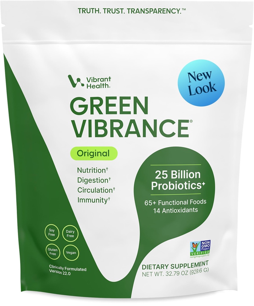 Vibrant Health, Green Vibrance, Incluye 65 Superfoods de base vegetal, 25 Probióticos de billón, fibra, adaptógenos " Enzymes, 83 Servidores