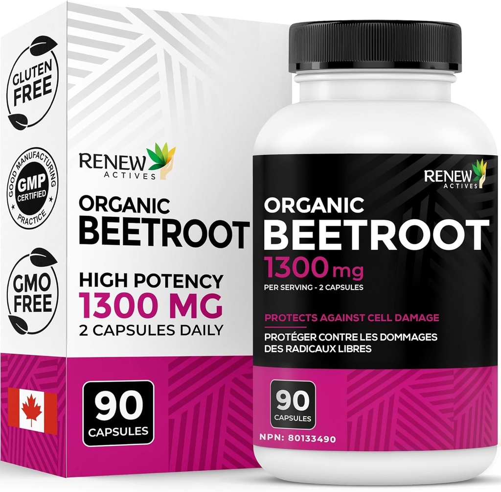 Renew Actives Organic Beetroot Suplemento 1300MG por 2 cápsulas - Pure Beetroot Powder for Circulation, Natural Energy, " Antioxidant Benefits - High-Potency Superfood, Made in Canada - 90 cápsulas