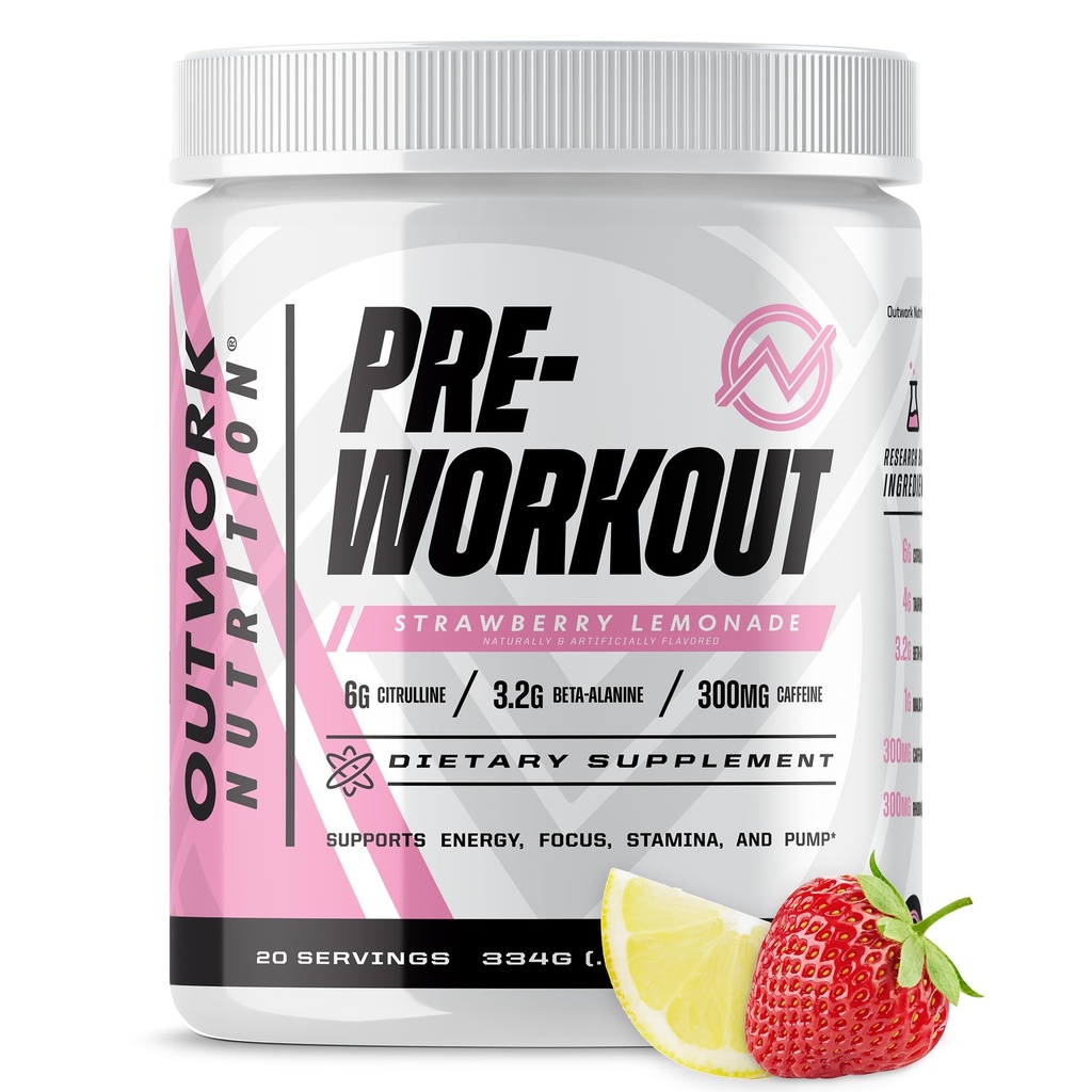 Outwork Nutrition Preworkout for Men &amp; Women - Nootropic Pre Workout Without Creatine, Pre-Workout Powder with Taurine Rhodiola Citrulline Malate Beta Alanine Caffeine (Strawberry Lemonade)