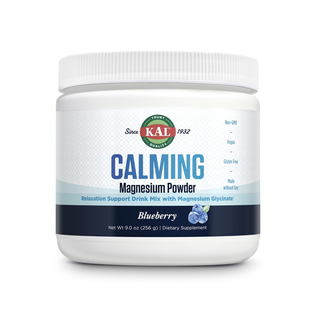 KAL calmante de la pólvora de magnesio - Blueberry Flavor suplemento de magnesio - alta absorción, apoyo a la relajación, no Añadido el azúcar, Vegan, Gluten libre, hecho sin soy - 40 servidos, 9 oz