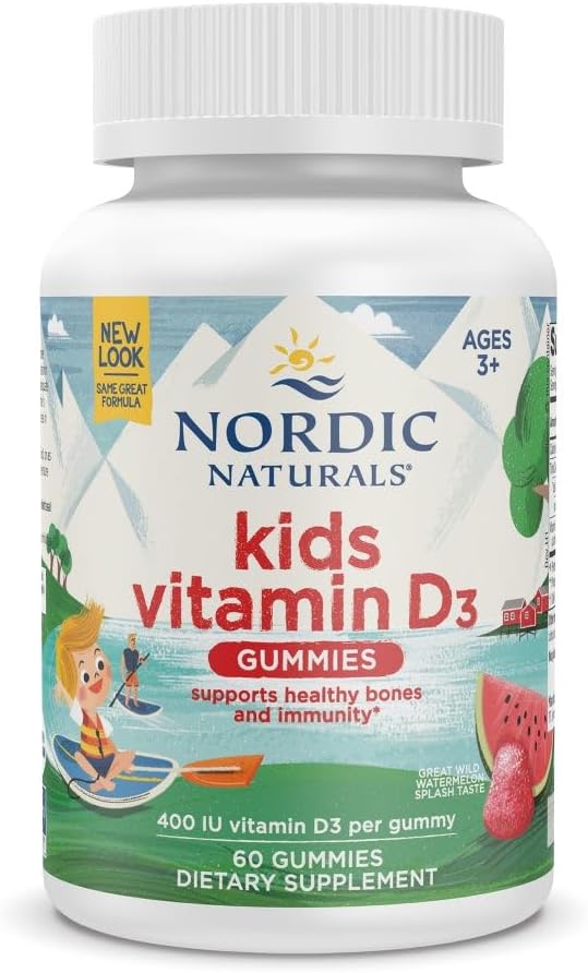 Naturales nórdicos Vitamina D3 Gummies Niños, Salpicadura de sandía silvestre - 60 Gummies - 400 UI Vitamina D3 - Bone Health, Healthy Immunity - Non-GMO, Vegetarian - 60 servicios