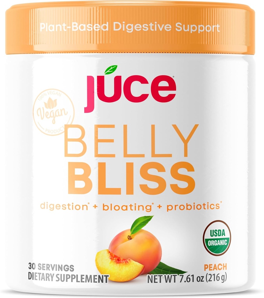 Júce Belly Bliss, Peachy Greens, 30 porciones, Probióticos + Verdes, Bloating Support with Plant-Based Digestive Enzymes, Dietary Supplement Powder - By Terra Kai Organics