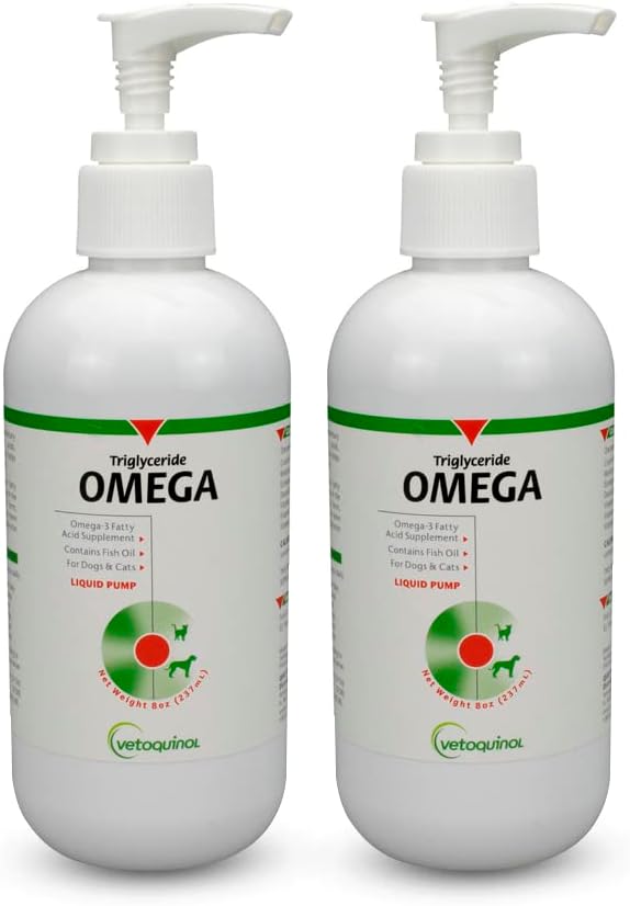 Vetoquinol Triglyceride Liquid Omega 3 Suplemento para perros &amp; gatos, Liquid Fish Oil Suplemento w/EPA y DHA, promueve la piel, la carne, la articulación, &amp; Immune Health, Omega 3 Fish Oil for Dogs & Cats, 8oz, 2 Pack