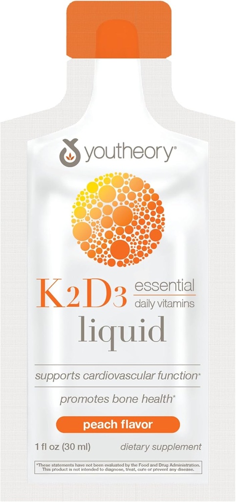 Teoría K2D3 Líquido - Hueso " Apoyo a la salud del corazón* - Combina la vitamina D3 " Vitamina K2 - Lácteos, Soy " Gluten Gratis - Peach, 1 oz (12 Pack)
