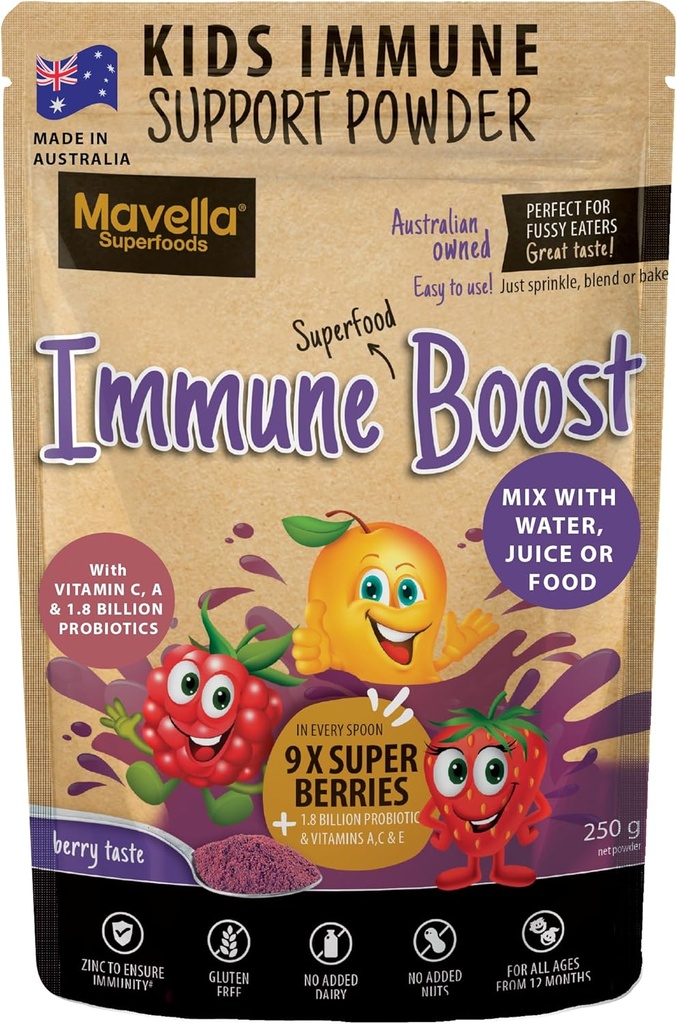 Powder de Apoyo Inmunitario para Niños - Soporte para Sistema Inmunitario con Vitamina C A + E, Magnesio &amp; Probióticos para con 9 Superberries - Gummies de Sabor Inmunity Alternativa 8.82oz (250g)