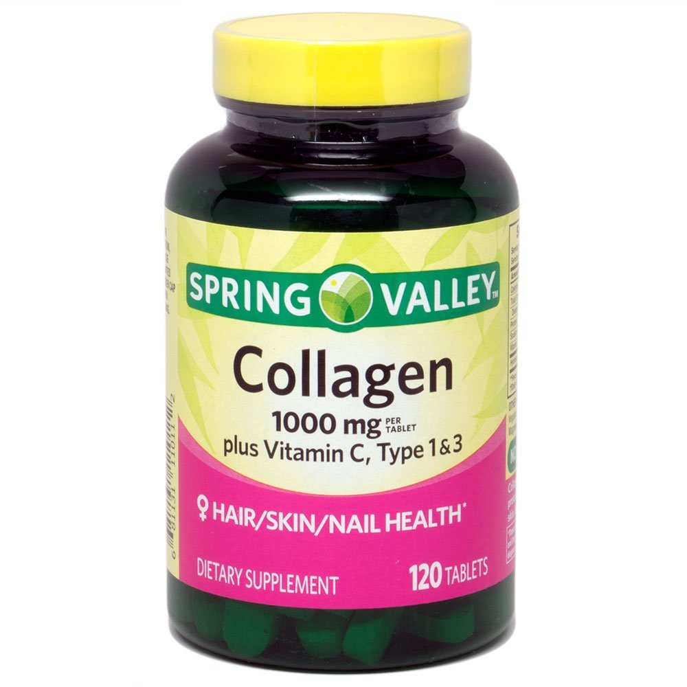 Collagen de Spring Valley 1.000mg Por Tablet, Plus Vitamina C, Tipo 1 &amp; 3, 120ct por Equate
